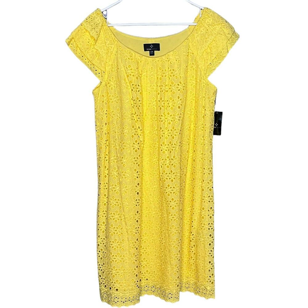 Ronni Nicole Eyelet Shift Dress Womens Yellow Cotton Round Neck Sunshine 14 W